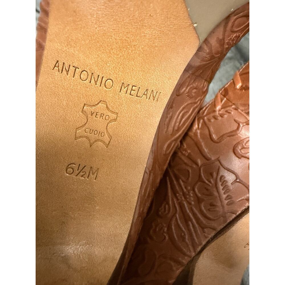 Women’s ANTONIO MELANI Brown Leather Embossed Peep-Toe Heels Sz 6.5 Western Vibe - Picture 8 of 8